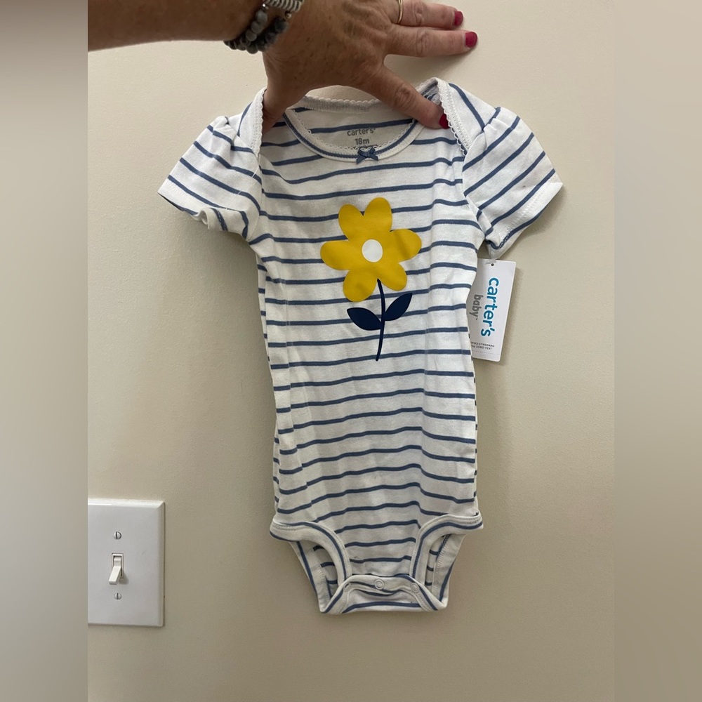 Carter’s yellow flower, blue stripped onesie 18 M